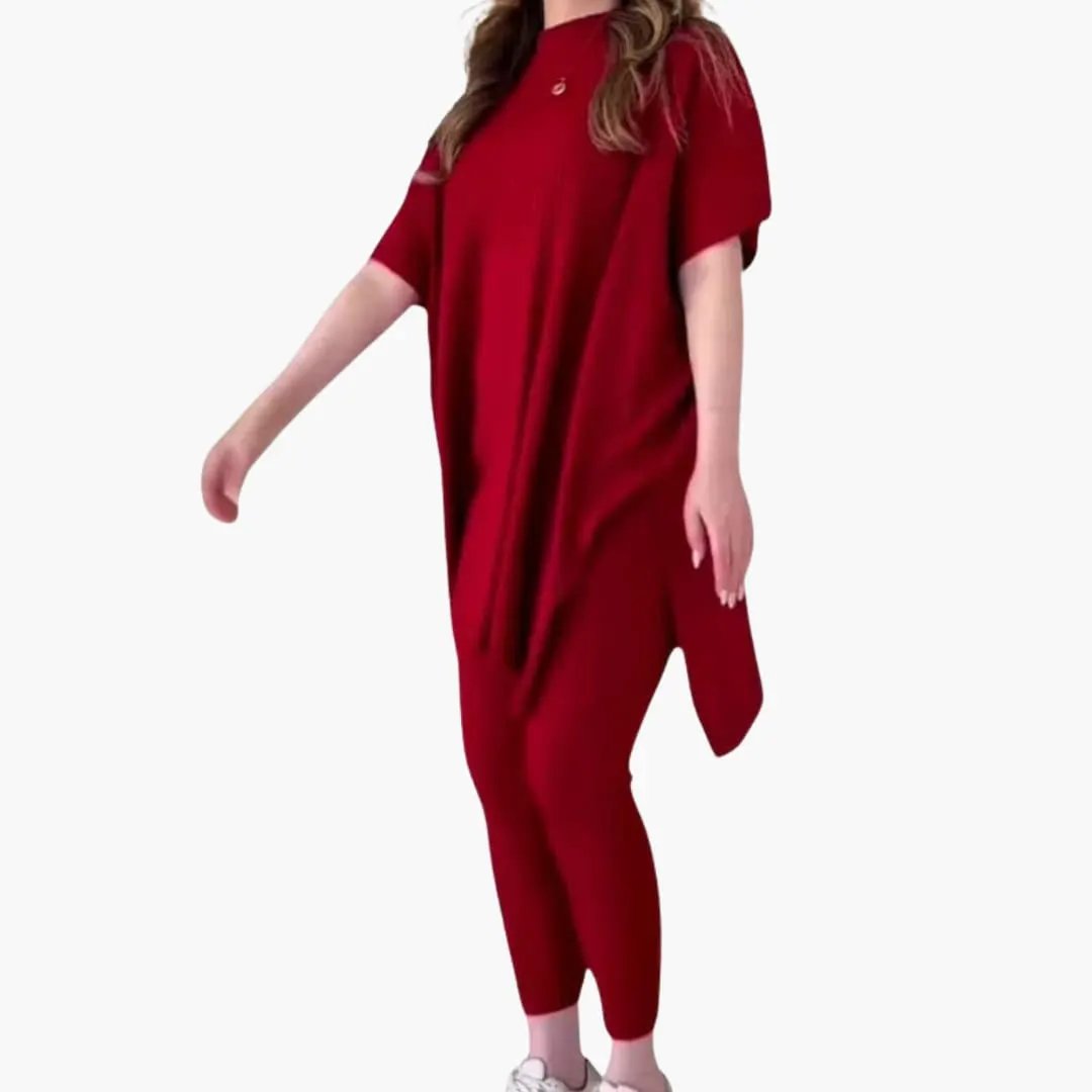Women’s Knit Two-Piece Set with long-sleeve top and straight-leg pants in red, Wilfred Smith