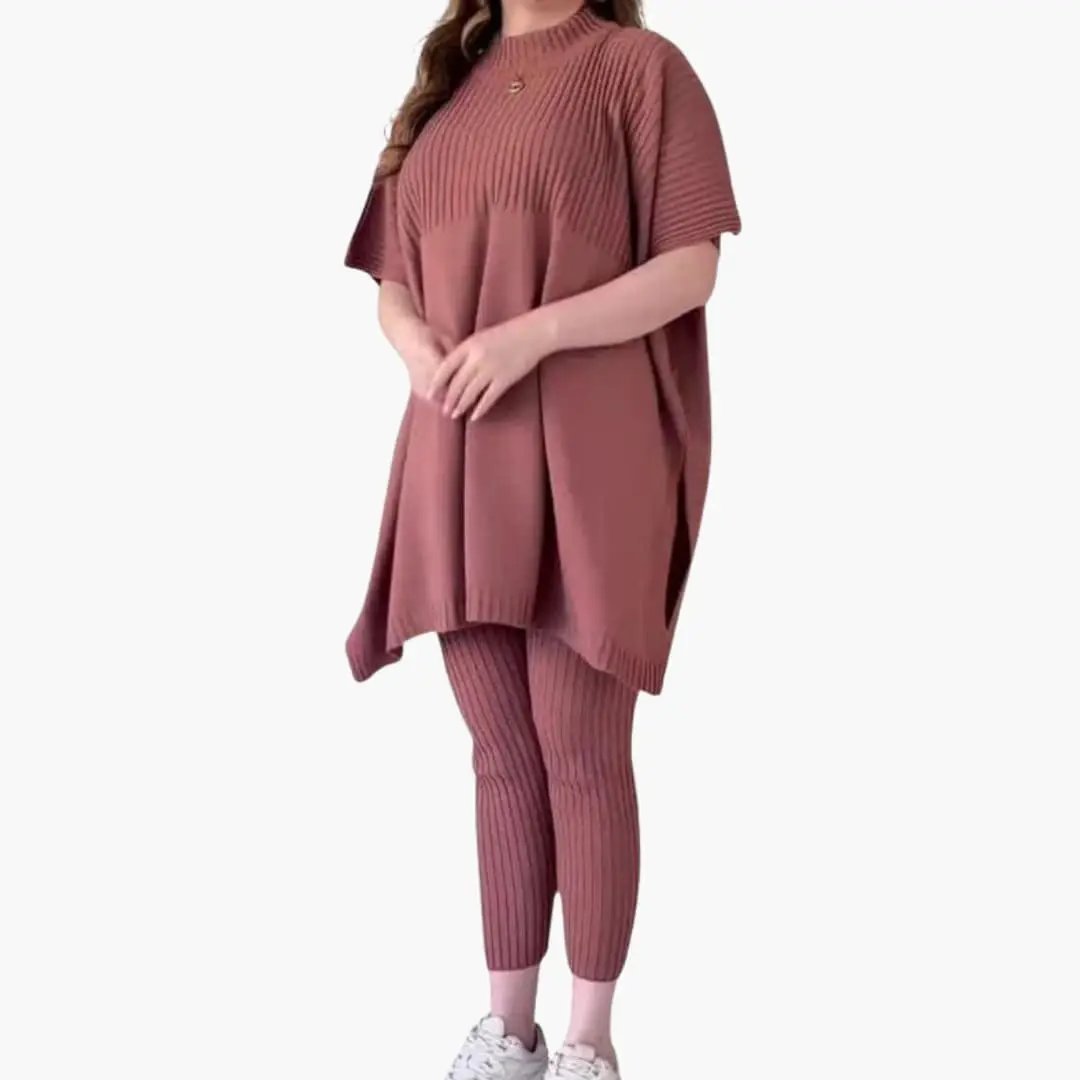 Women’s knit two-piece set in dusty rose with an oversized tunic-style top and ribbed leggings.
