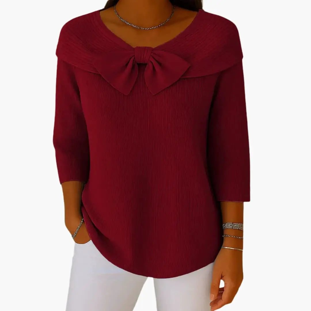 Women's burgundy knitted top with bow neckline, long sleeves, Wilfred Smith sweater
