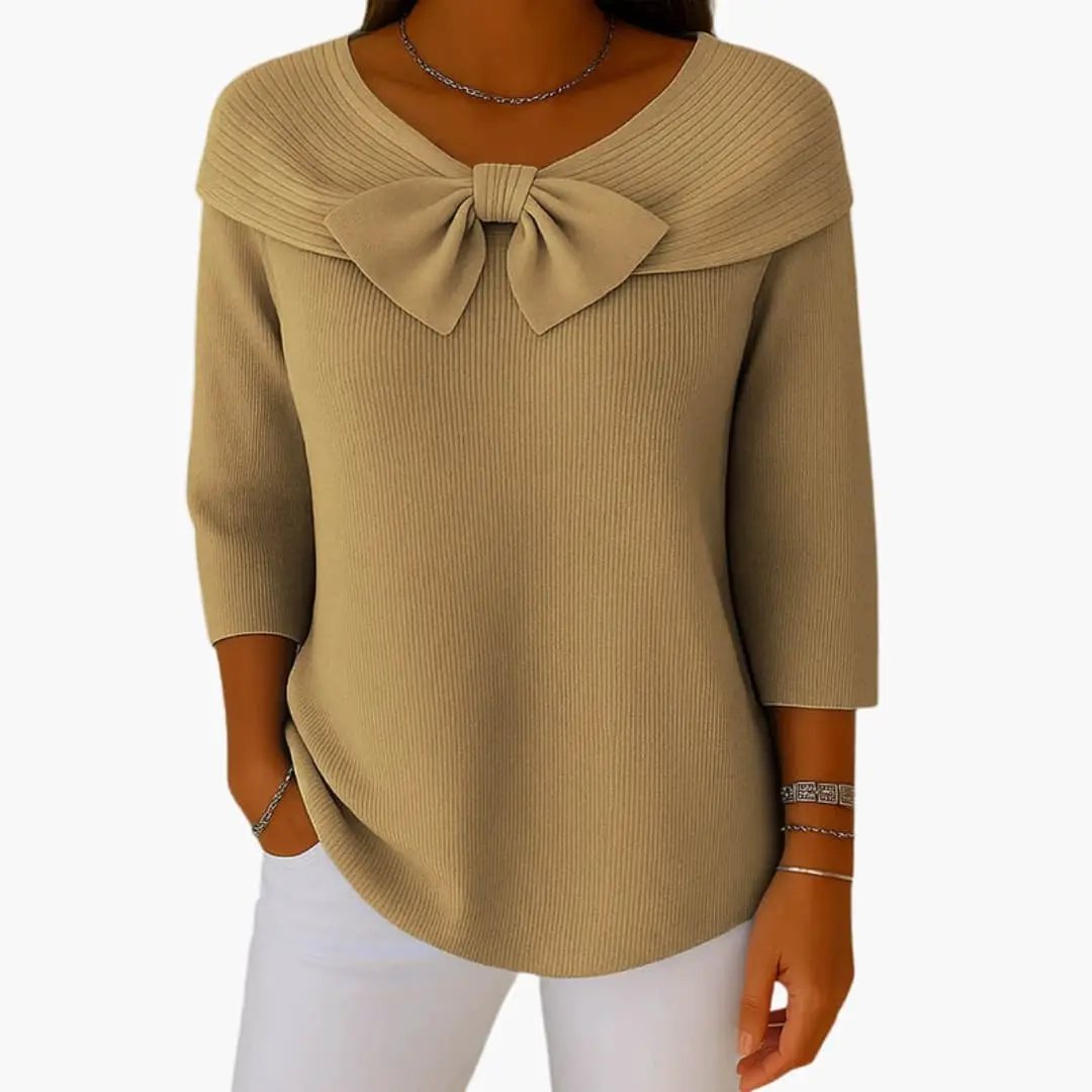 Wilfred Smith women's knitted top with bow neckline in camel beige, ribbed knit, 3/4 sleeves