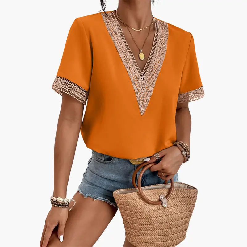 Women’s lace-overlay blouse in orange with V-neck, beige crochet trim, short sleeves, hip-length