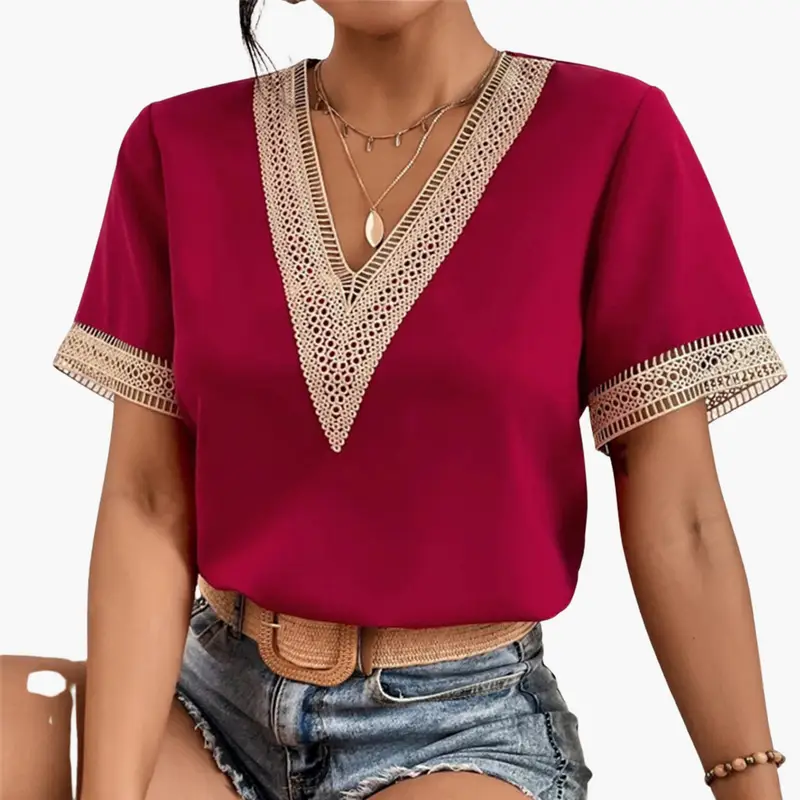 Women’s lace-overlay blouse with V-neck and short sleeves in magenta, beige lace trim, hip-length top