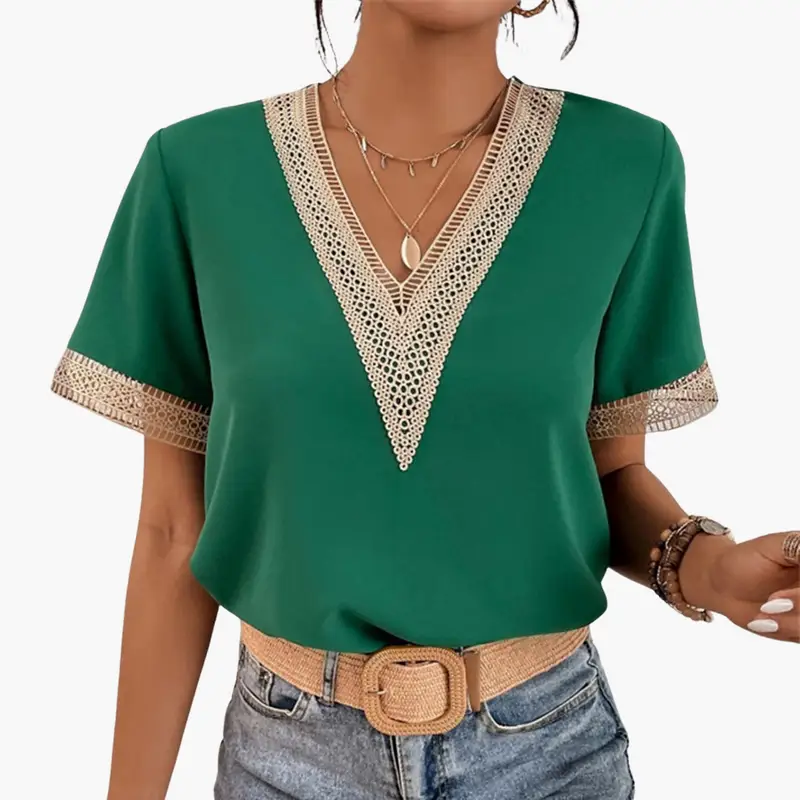 Women's green lace-overlay blouse with V-neck, beige crochet trim, short sleeves and hip-length fit