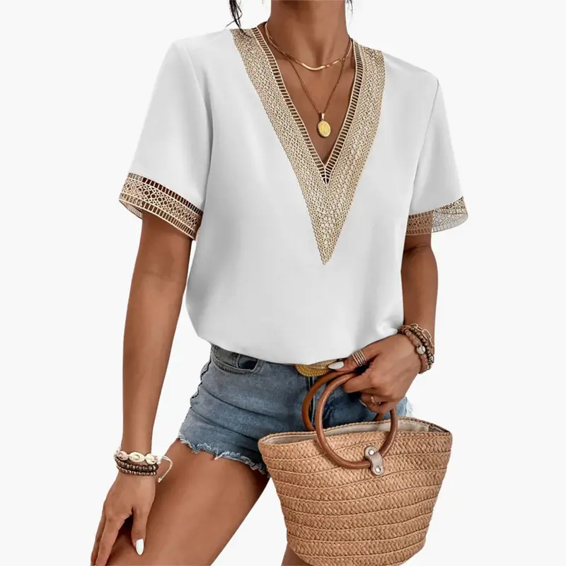Women’s Lace Overlay Blouse with V-Neck and Short Sleeves, white with beige crochet trim, hip-length