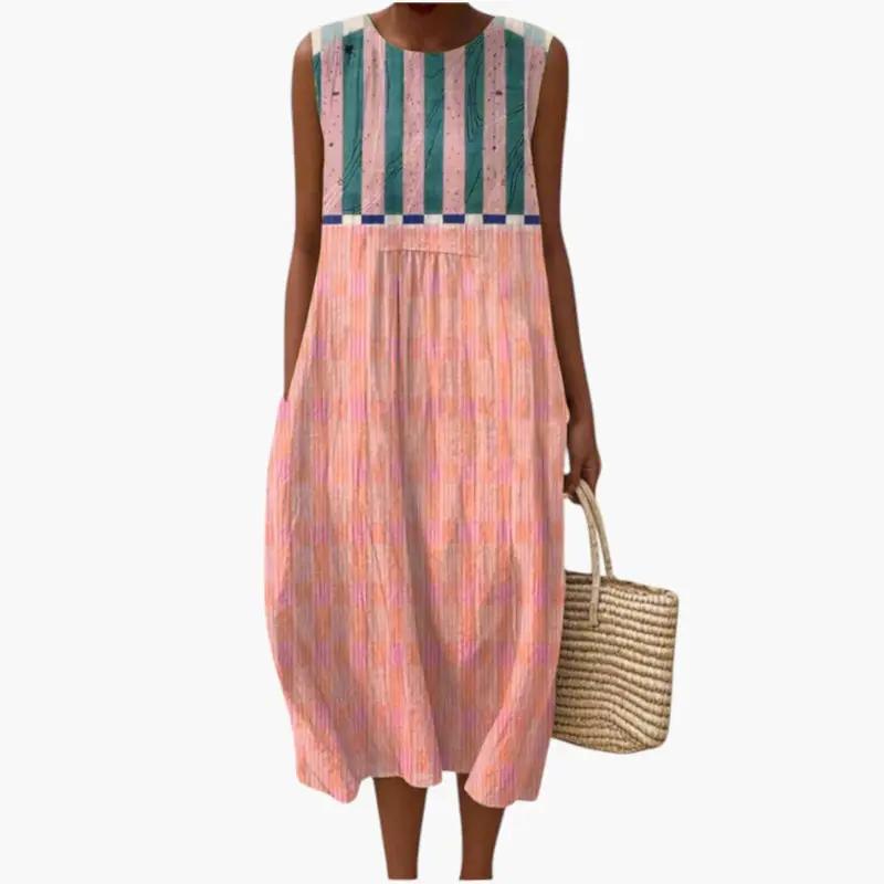 Women's linen-blend sleeveless dress with color-block striped bodice and pink check skirt, plus straw tote bag