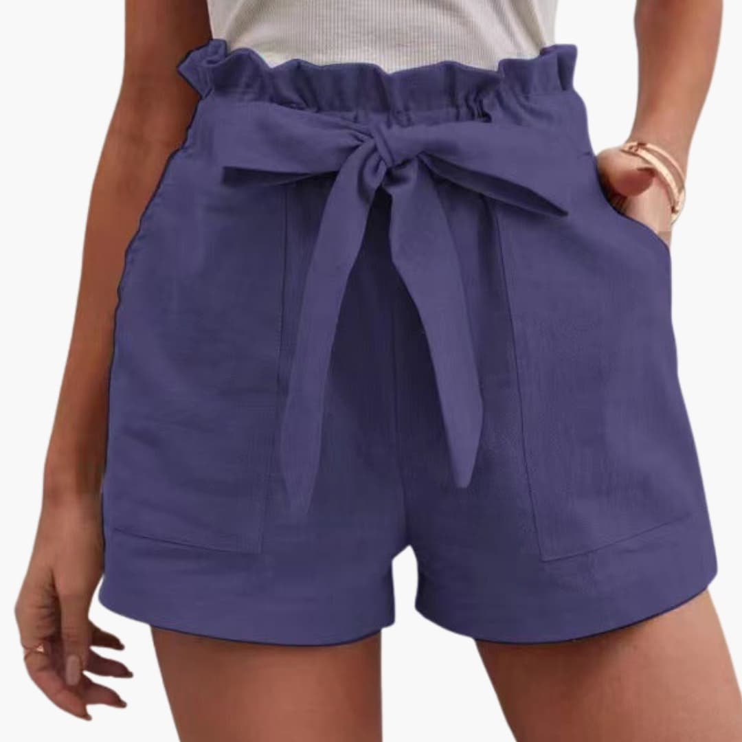 Women's linen shorts with tie belt and wide waistband in blue by Wilfred Smith