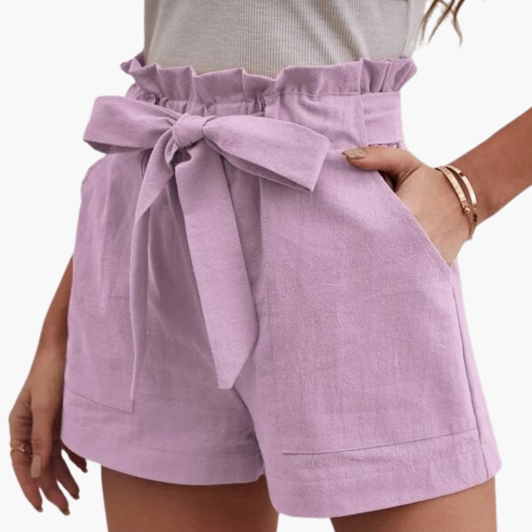 Women's linen shorts in lilac with a tie belt and wide waistband