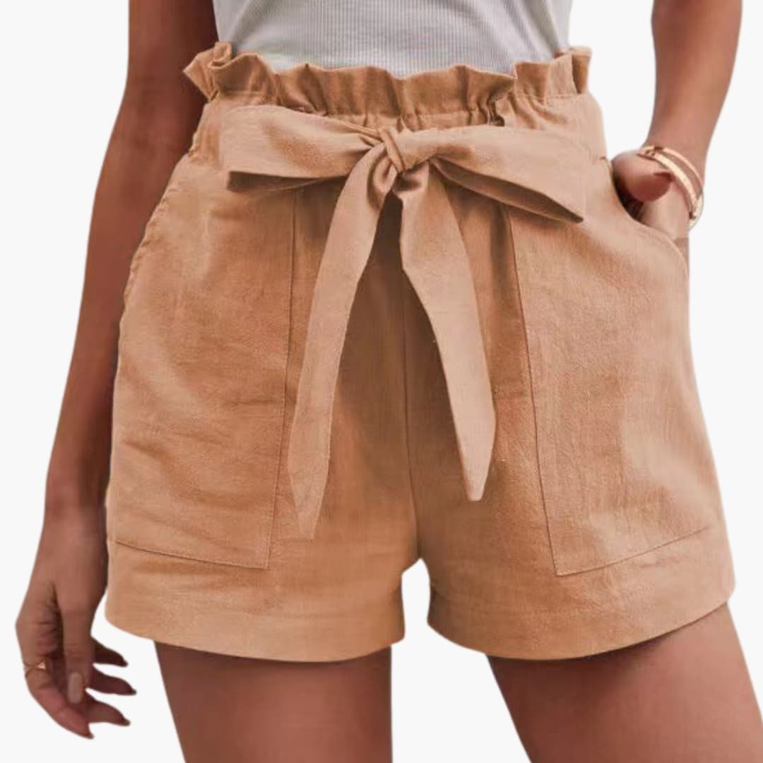 Women's linen shorts with tie belt and wide waistband in tan