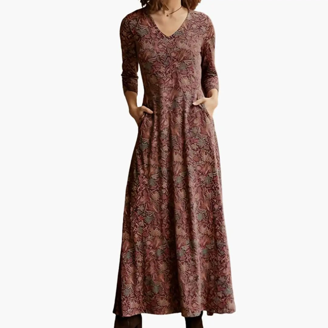 Women’s long dress in burgundy floral retro pattern with 3/4 sleeves, V-neck, pockets, floor-length