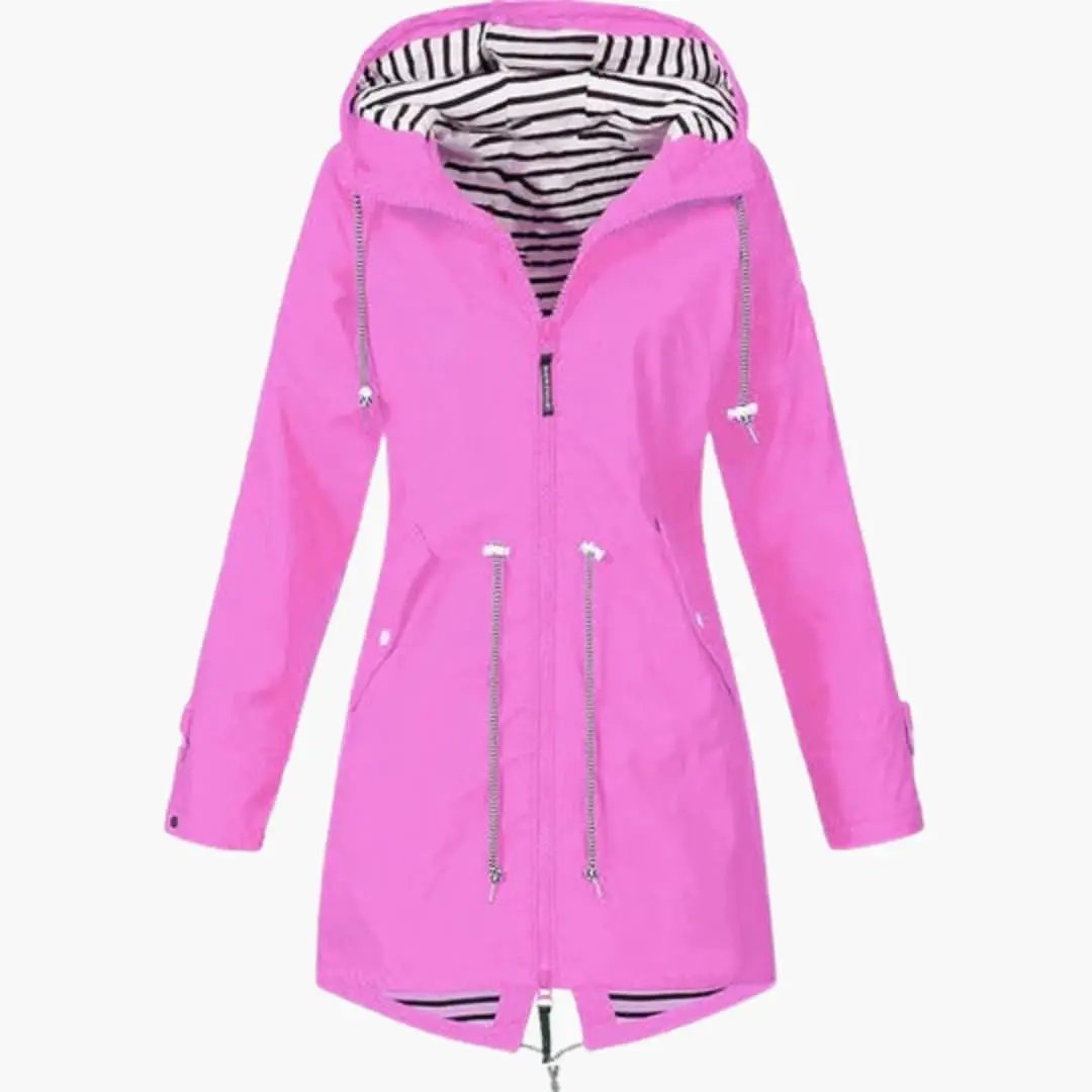 Women's long hooded coat in pink by Wilfred Smith with adjustable drawstring waist and striped lining