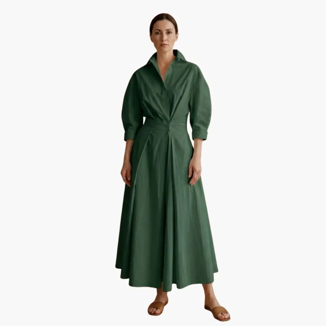 Women's green long shirt dress with waist-wrap belt and button-front details