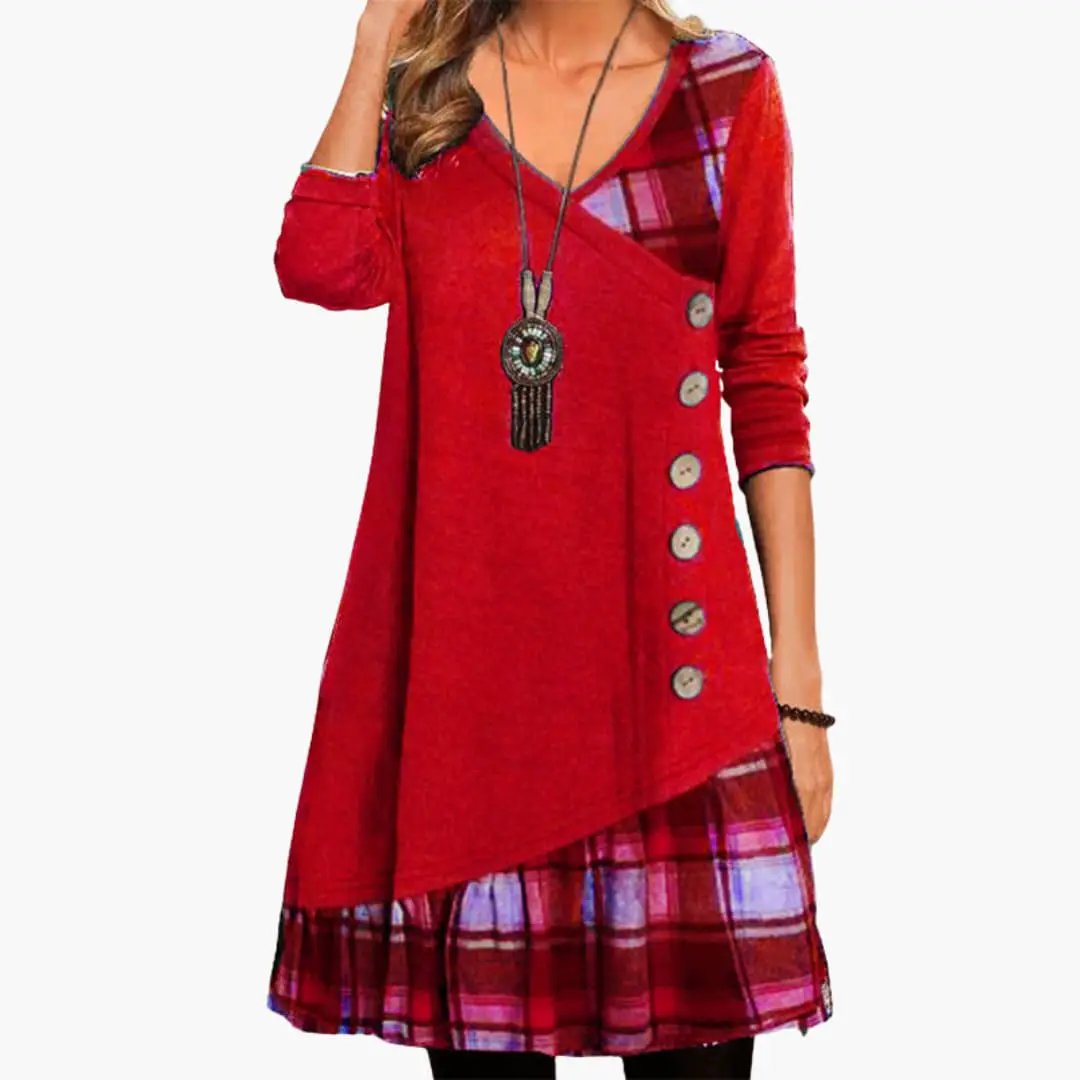 Women’s Long Dress by Wilfred Smith, red long-sleeve checkered dress with A-line plaid hem