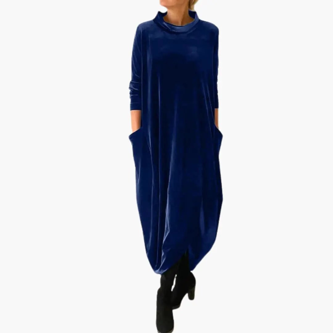 Women's long sleeve velvet evening dress in royal blue with textured fabric and side pockets