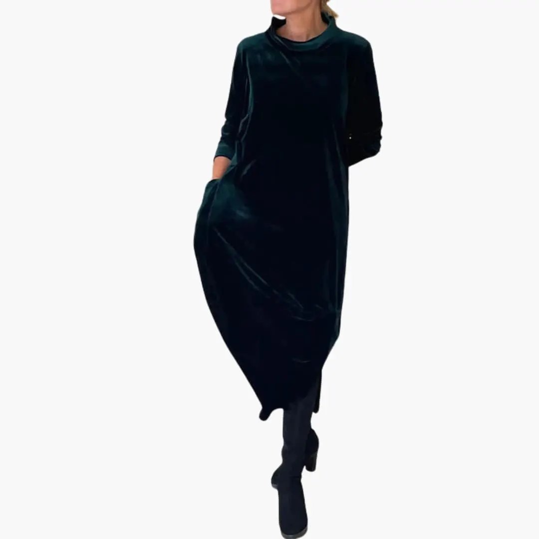 Women's long sleeve velvet evening dress by Wilfred Smith, textured dark teal fabric with pockets