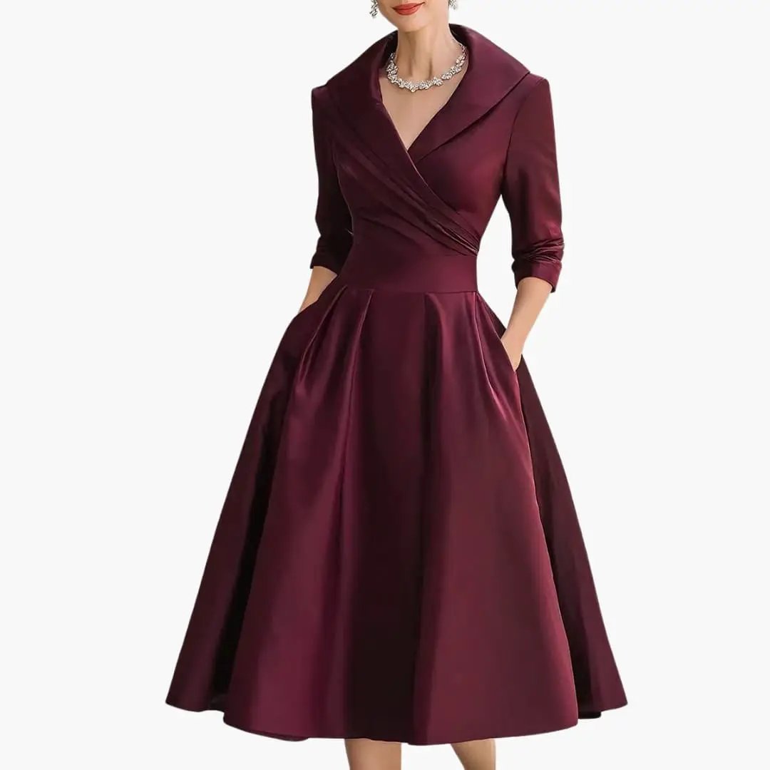 Women’s Midi Dress by Wilfred Smith, burgundy satin, long sleeves, fitted waist, mid-calf length.