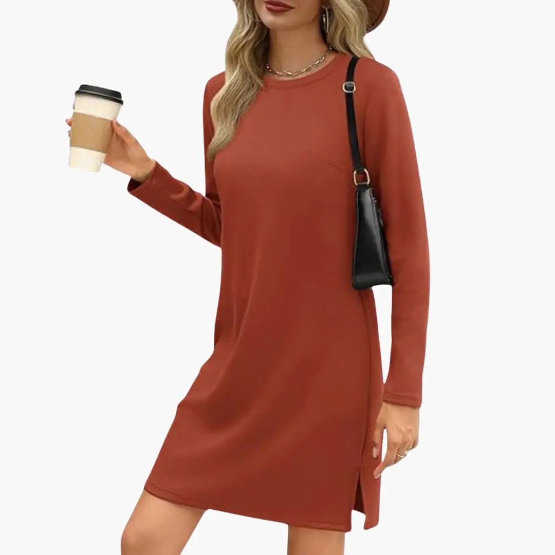 Women's rust-red long-sleeve mini dress with round neck and straight hem