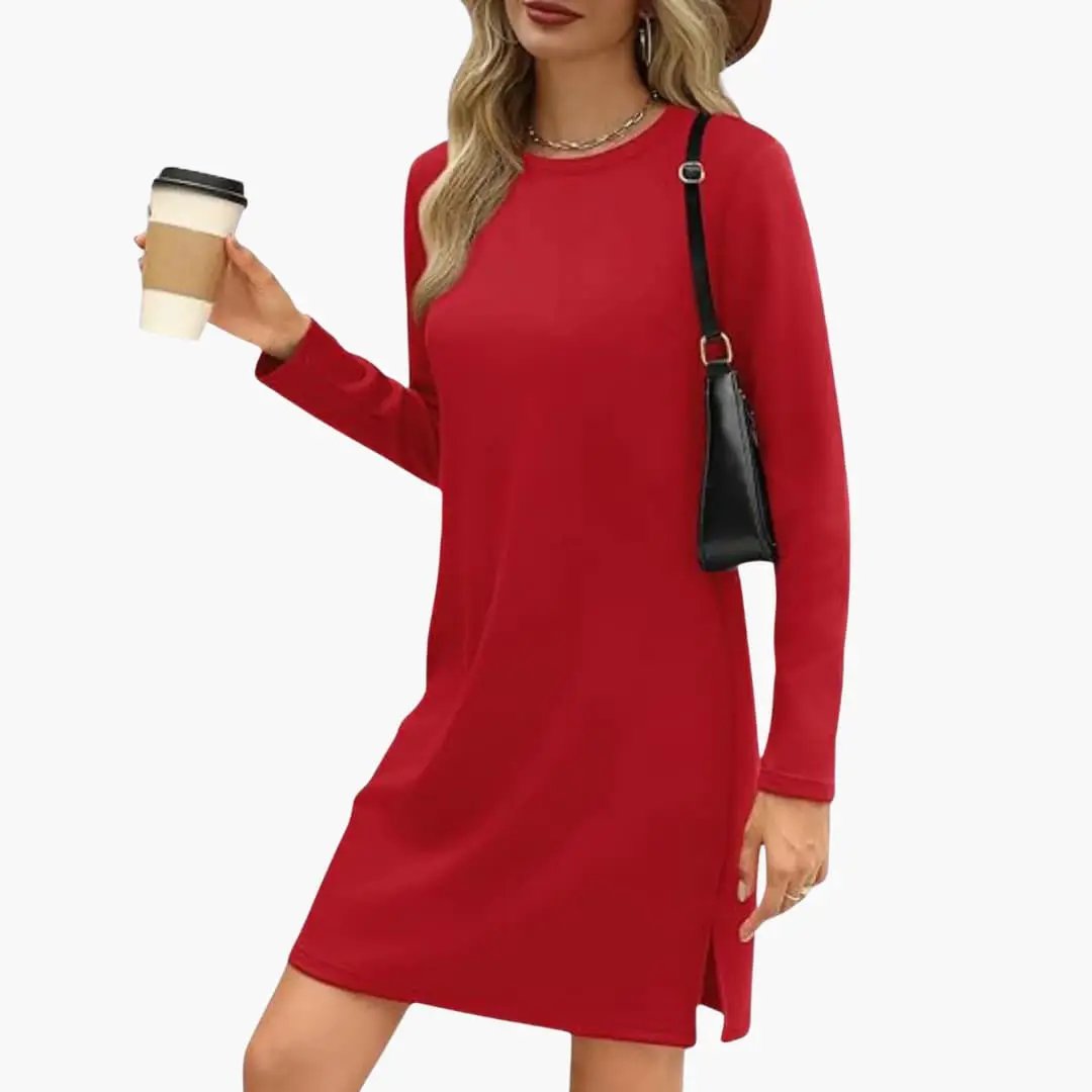 Women's red long-sleeve mini dress with round neckline