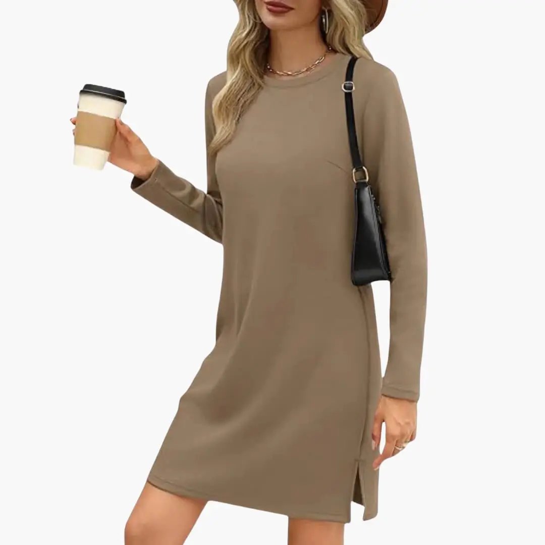 Women's taupe long-sleeve mini dress with round neck and straight hem.