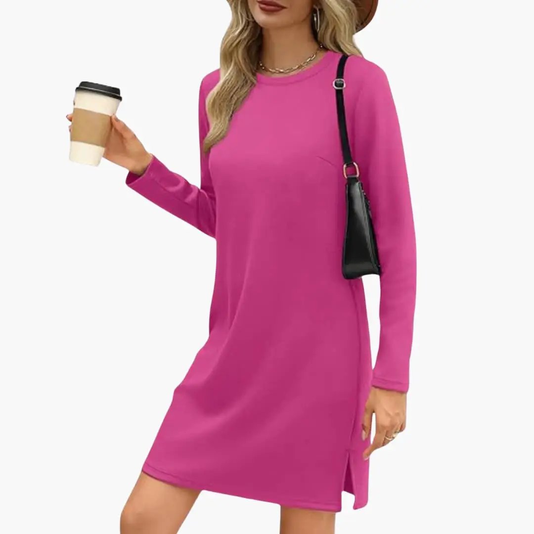 Women's pink long-sleeve mini dress by Wilfred Smith with round neck and straight hem