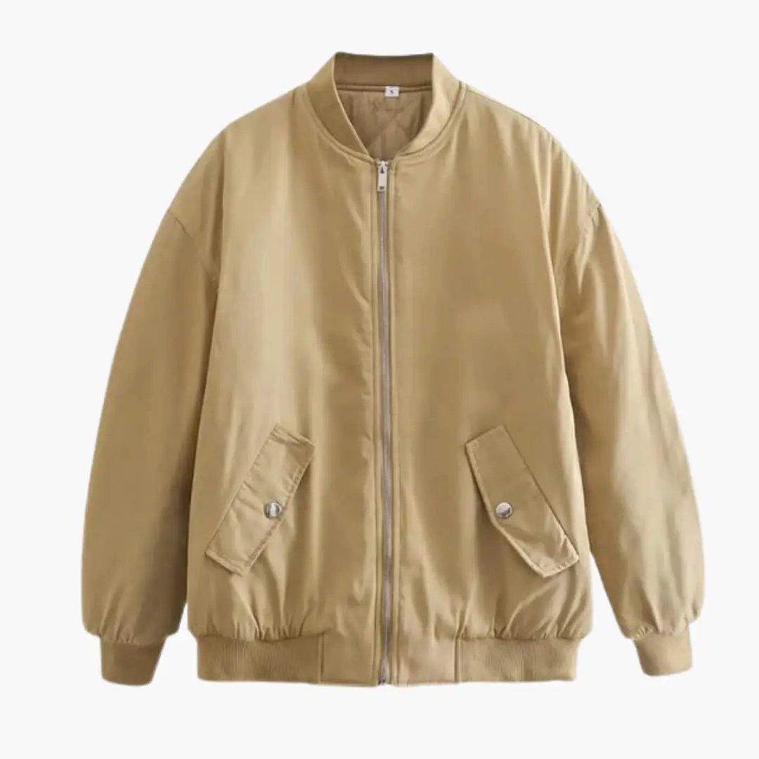 Women's long sleeve oversized bomber jacket in beige with round-neck, zip front and snap-pocket flaps