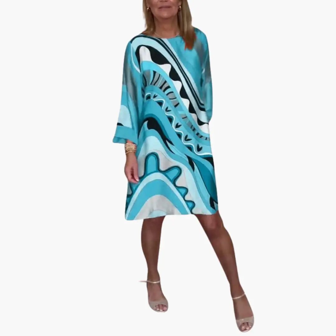 Women's Long Sleeve Printed Dress with Loose Fit in turquoise abstract print, knee-length