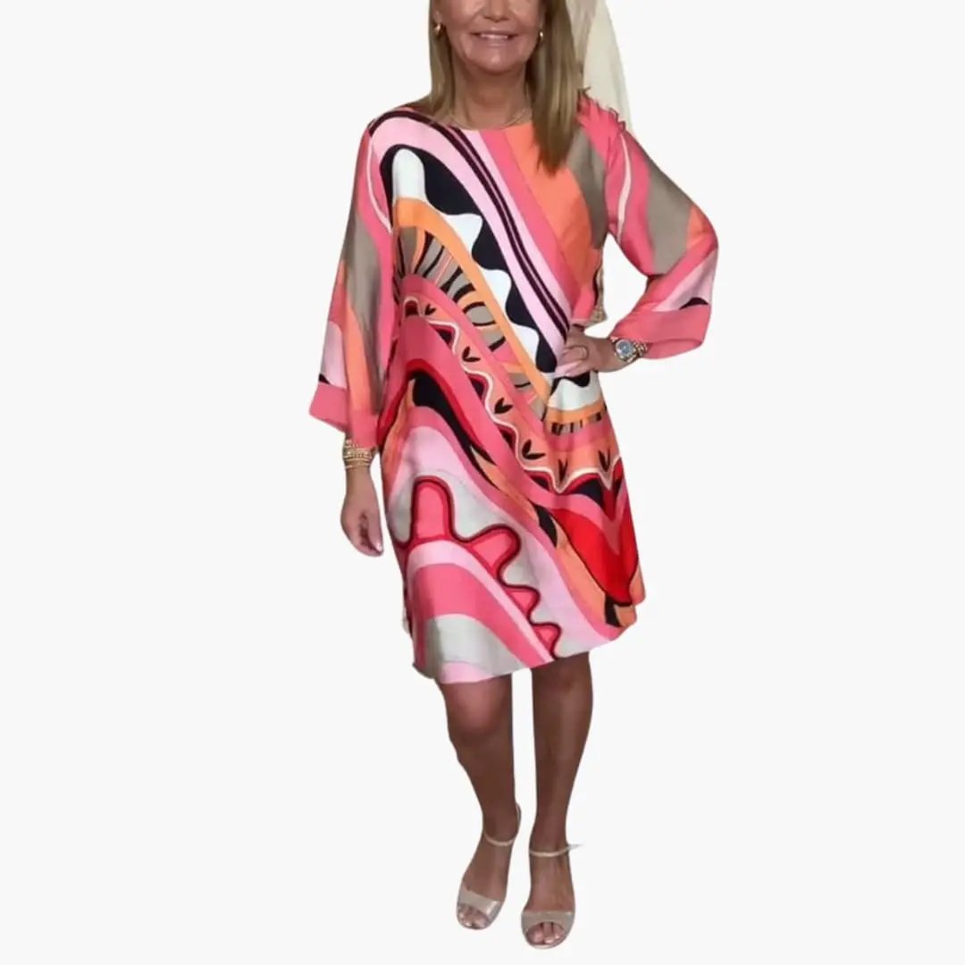 Women’s long sleeve printed dress by Wilfred Smith, loose-fit, multi-color abstract pattern