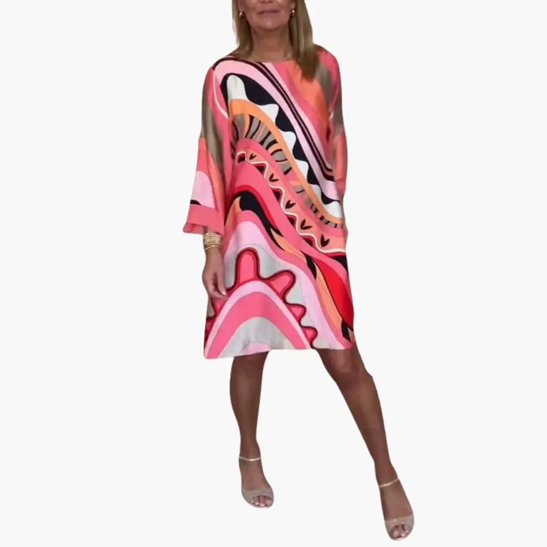 Women’s Long Sleeve Printed Dress with loose fit in pink abstract pattern by Wilfred Smith.