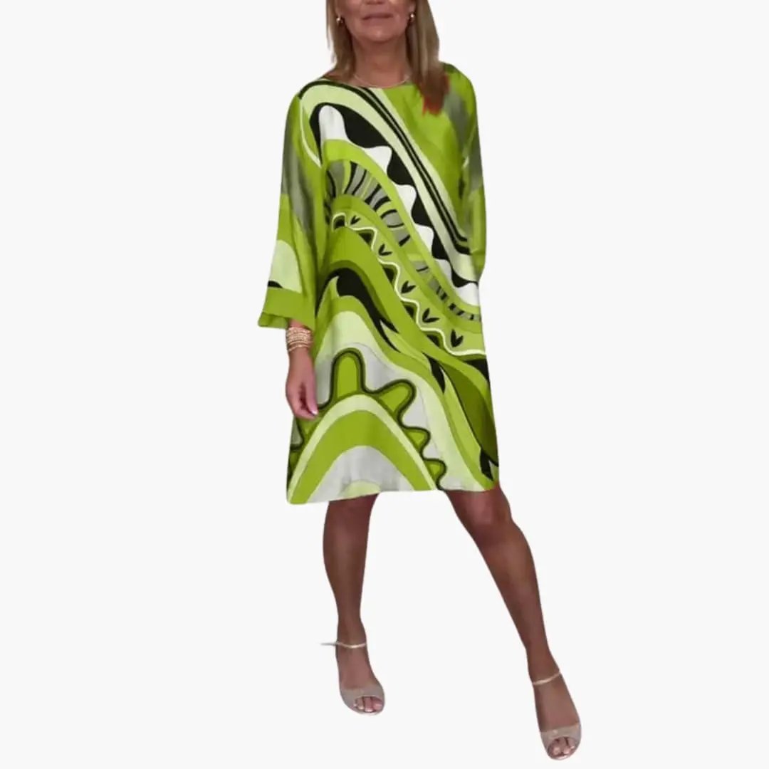 Women's Long Sleeve Printed Dress with Loose Fit in lime green abstract pattern by Wilfred Smith