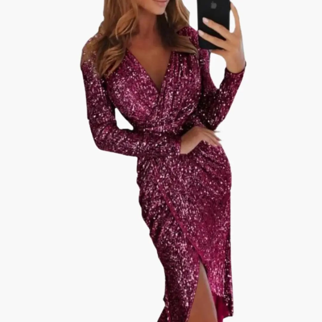 Women’s Sequin Midi Dress with Side Slit - Long Sleeves - Fitted Waist ...