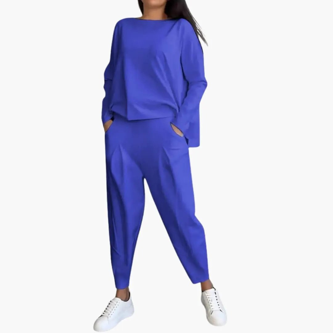 Women's two-piece outfit set by Wilfred Smith in blue with round-neck long-sleeve top and full-length pants