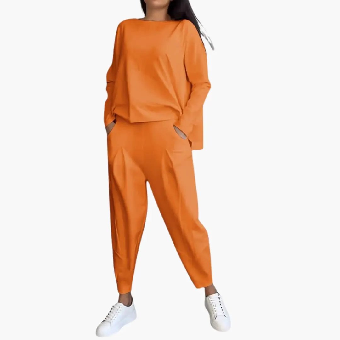 Women's orange satin-like two-piece outfit set with round-neck long-sleeve top and full-length pants