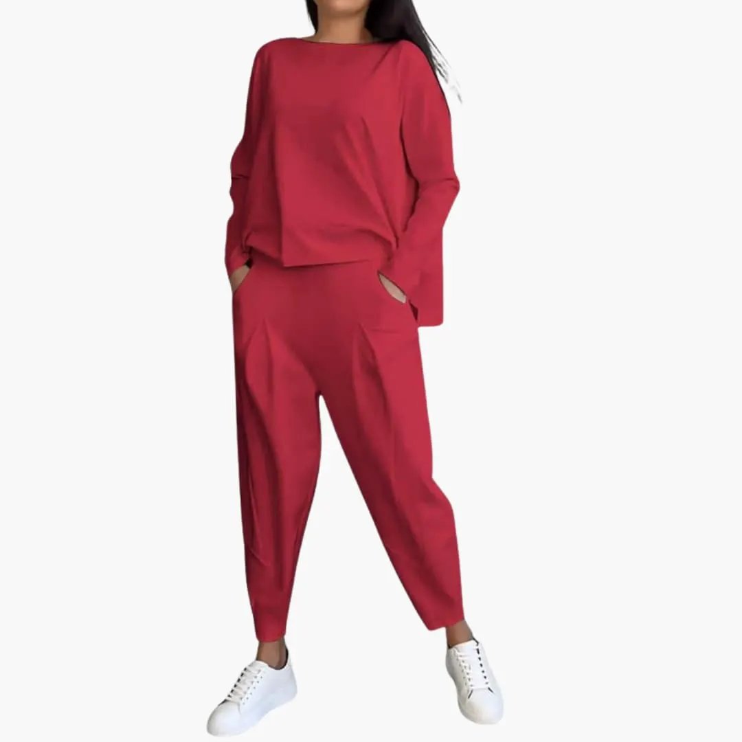 Red women's long-sleeve two-piece outfit set with round-neck top and full-length pants