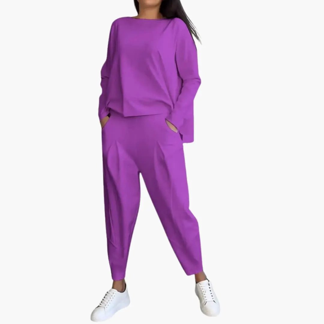 Women's two-piece outfit set in purple; long-sleeve round-neck top with full-length pants.