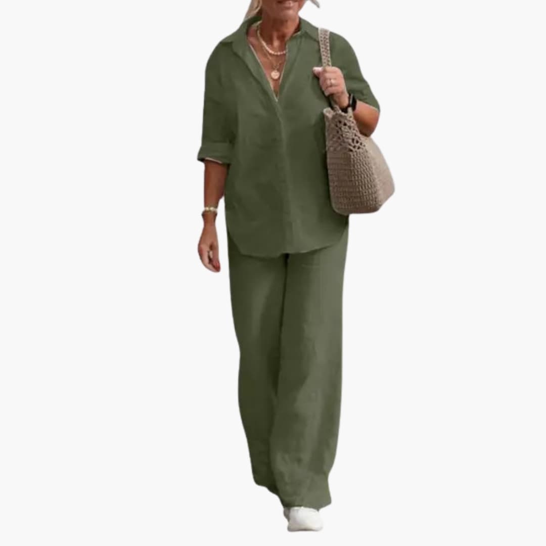 Women's olive green two-piece outfit set with a collared long-sleeve top and straight-leg pants