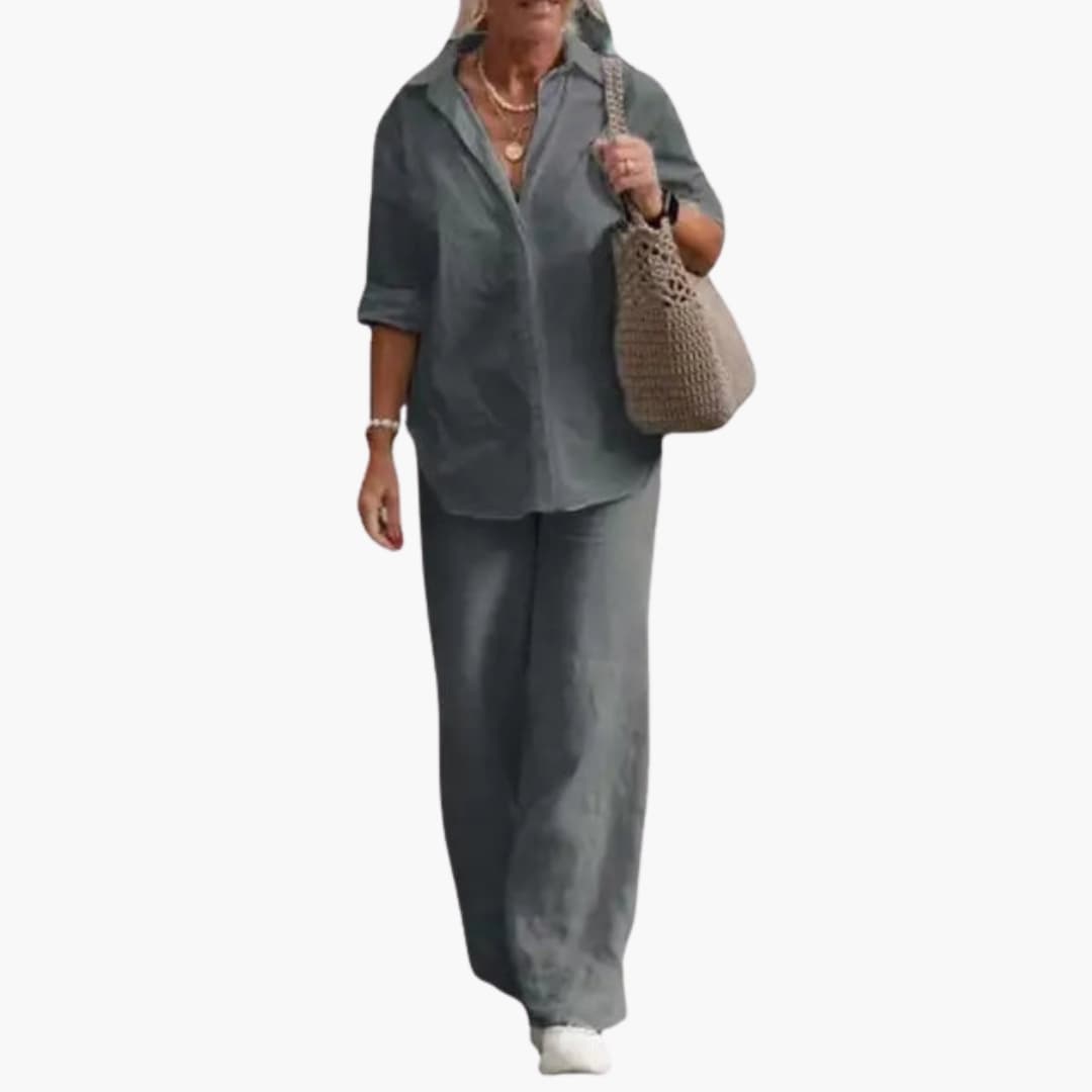 Women's long-sleeve two-piece outfit by Wilfred Smith: gray round-neck top and straight-leg pants with a woven tote bag