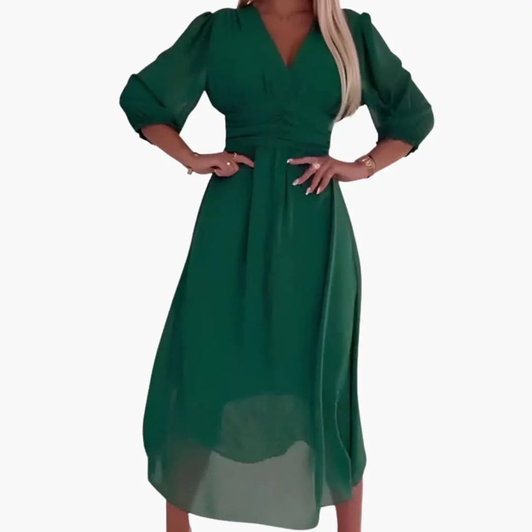 Women's Long Sleeve V-Neck Wrap Midi Dress with Tie Waist in emerald green