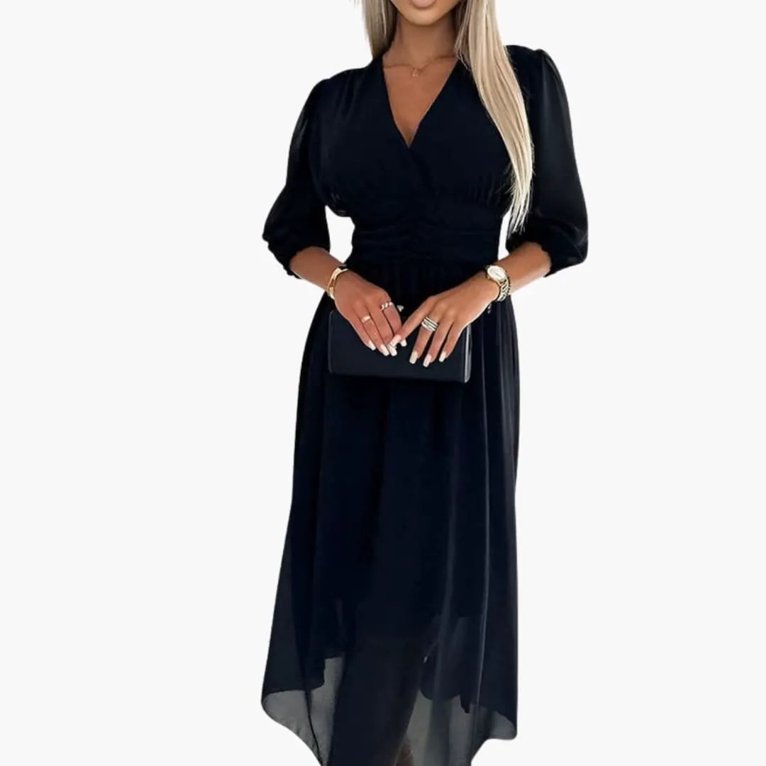 Women’s long-sleeve V-neck wrap midi dress in black with tie waist by Wilfred Smith.