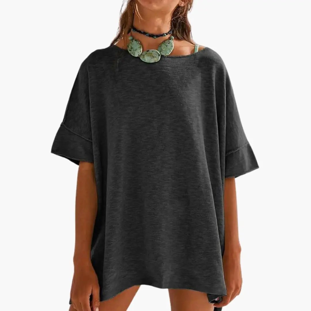 Women’s Loose Fit Crew Neck Rolled Sleeve Oversized T-Shirt in charcoal
