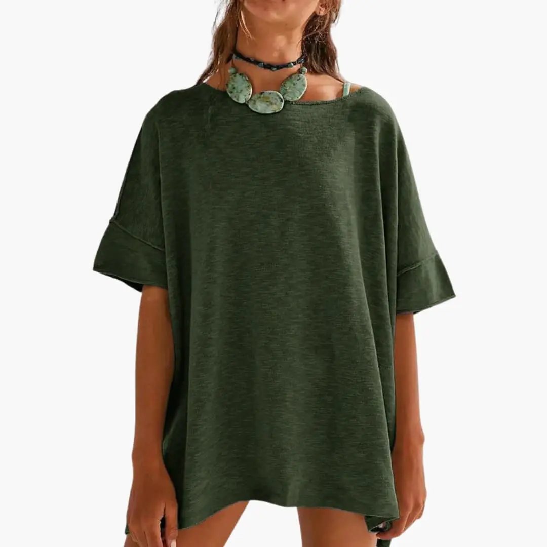 Women’s Loose Fit Crew Neck Rolled Sleeve Oversized T-Shirt in olive green by Wilfred Smith