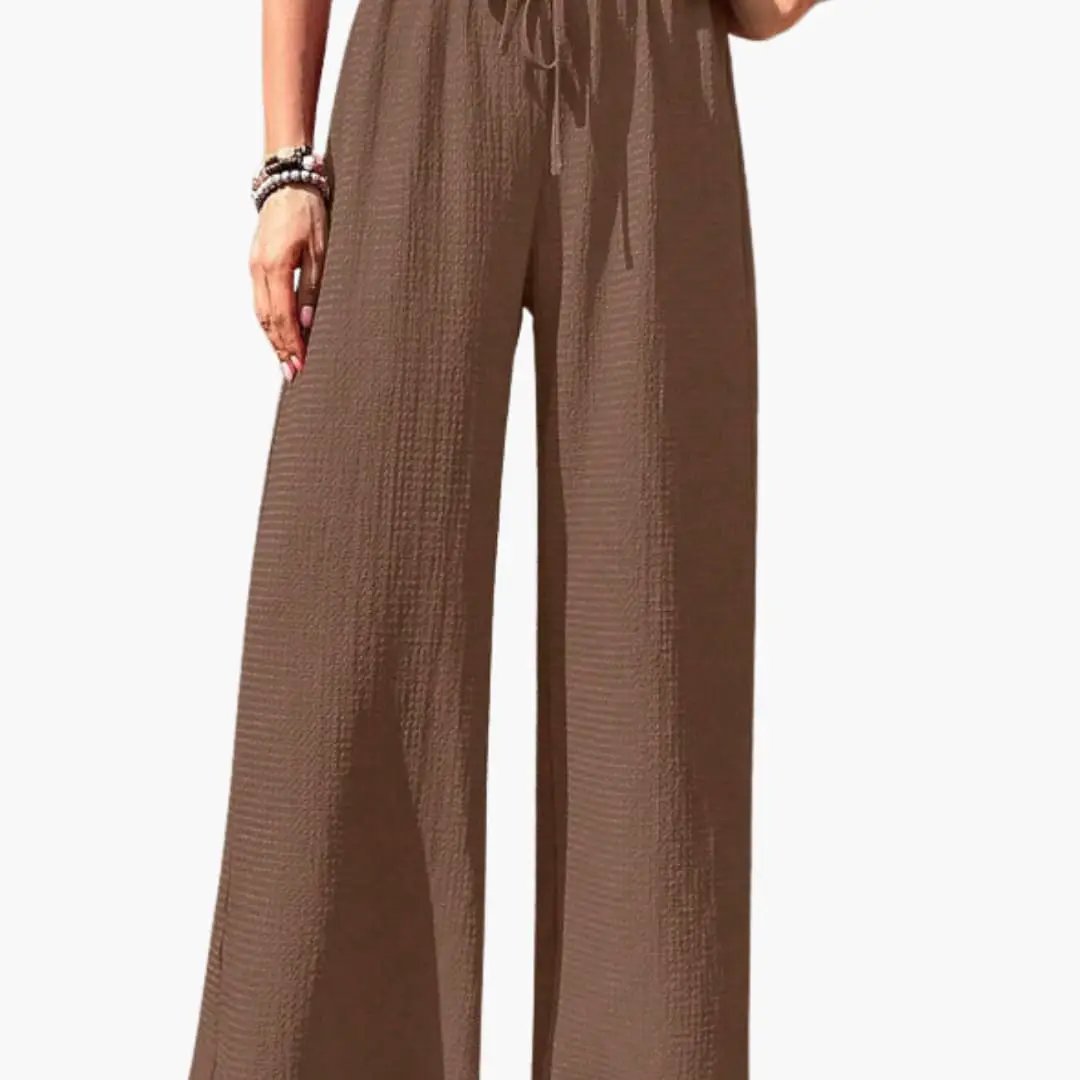 Women’s loose-fit wide-leg brown pants with elastic waistband
