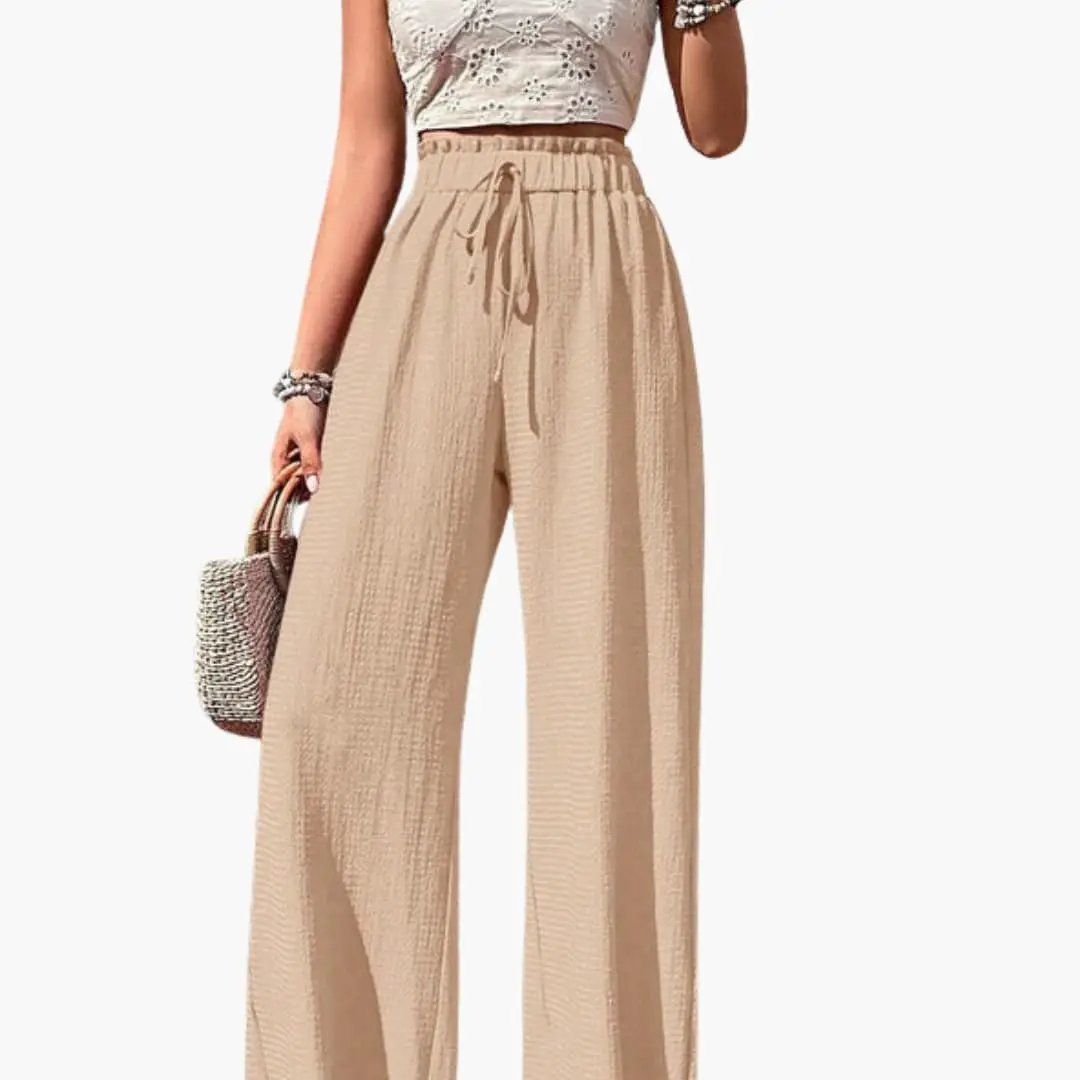 Women’s loose-fit pants with elastic waistband, beige wide-leg summer trousers by Wilfred Smith