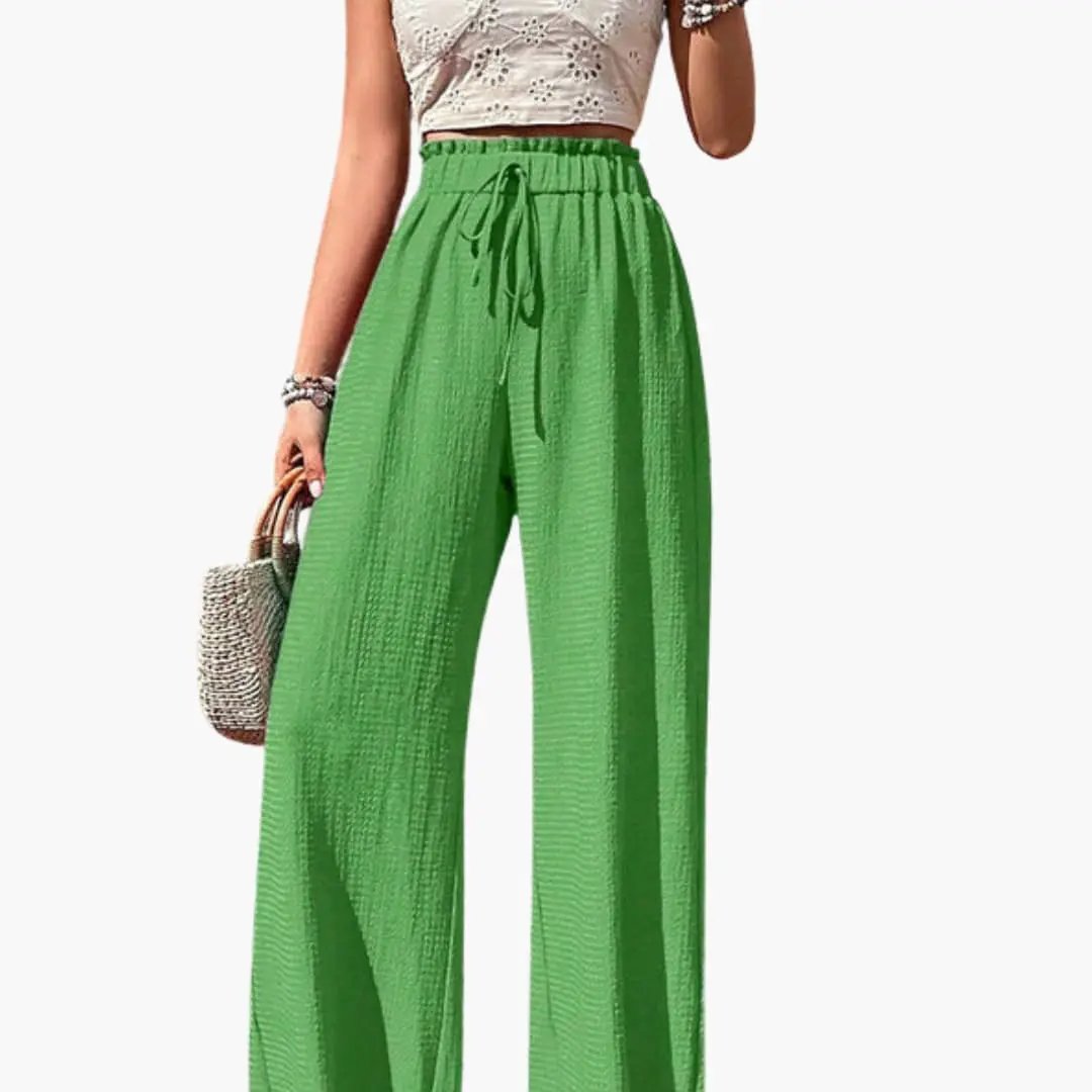 Women’s Loose Fit Pants by Wilfred Smith, elastic waistband and wide-leg in bright green.