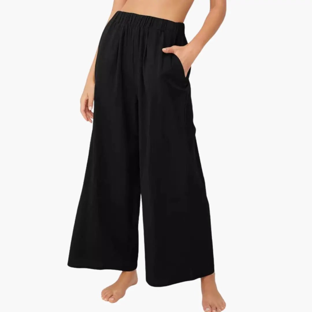 Women's Loose Summer Pants black with elastic waist and side pockets