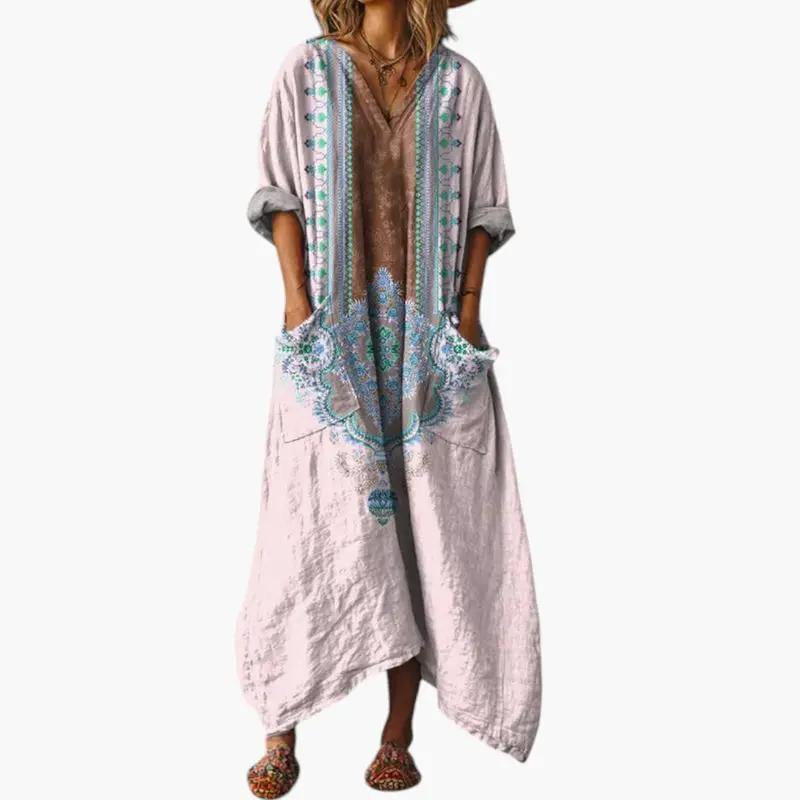 Women's Maxi Dress with Embroidery and Pockets, pink boho dress with blue embroidery, V-neck, rolled sleeves.