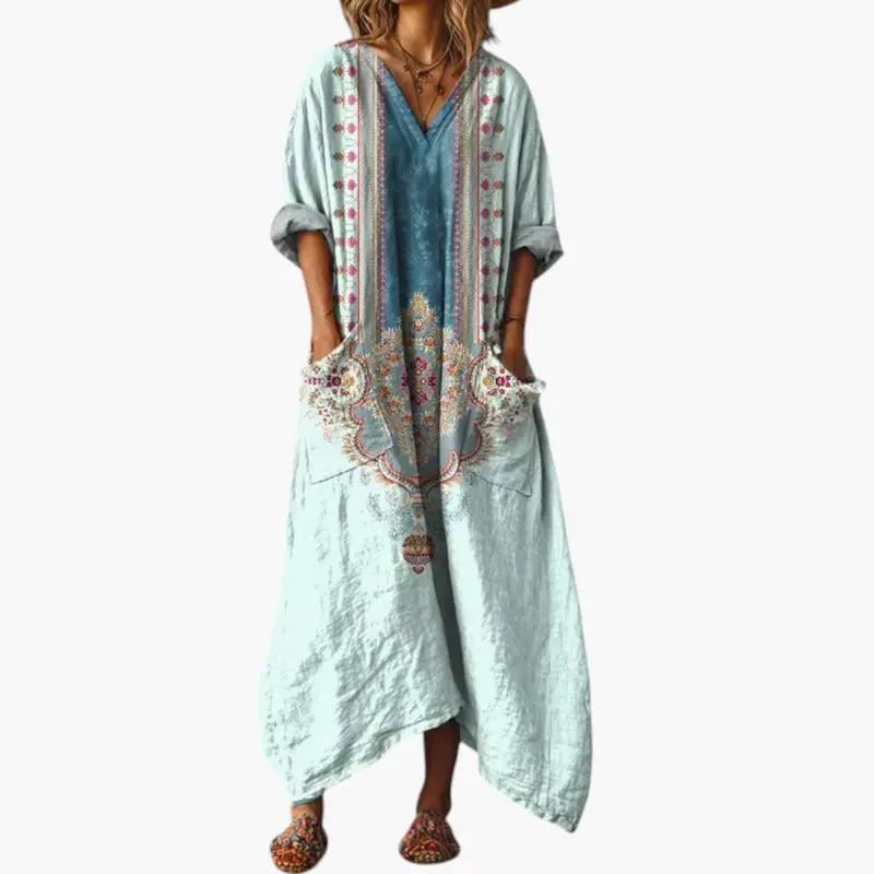 Women's maxi dress with embroidery and pockets in light teal boho style by Wilfred Smith