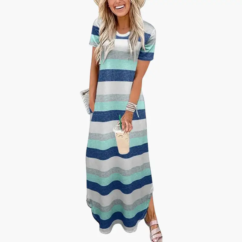 Women's striped maxi dress by Wilfred Smith with round neck and flowing skirt in blue, teal, gray and white.