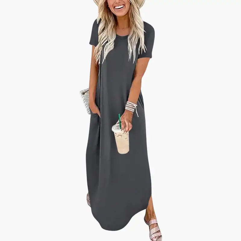 Women's maxi dress with round neck and flowing skirt in charcoal gray, short sleeves and pockets