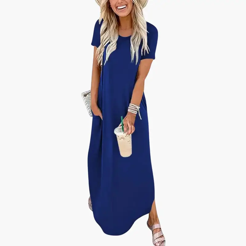 Women's Maxi Dress blue, round-neck, with flowing skirt