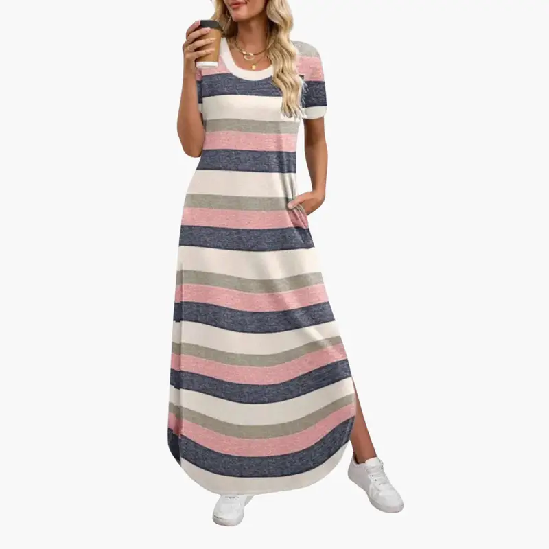 Women's Maxi Dress with round neck and flowing skirt, pastel pink, navy, beige, and gray striped pattern