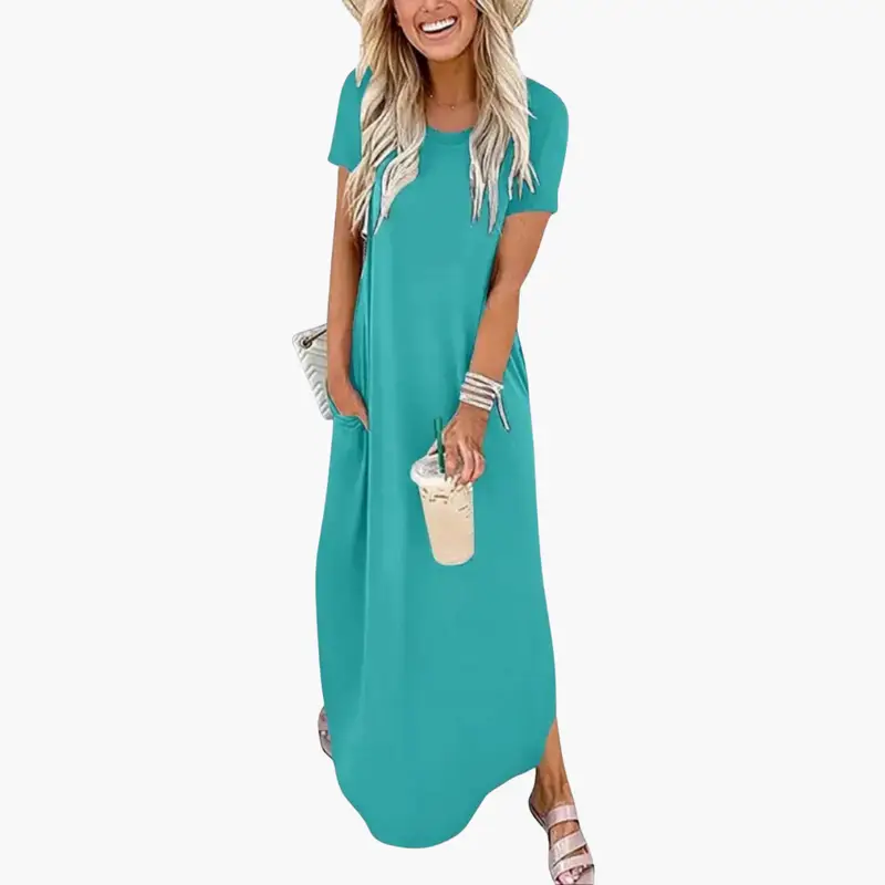 Women's teal pocketed maxi dress with round neck and flowing skirt by Wilfred Smith